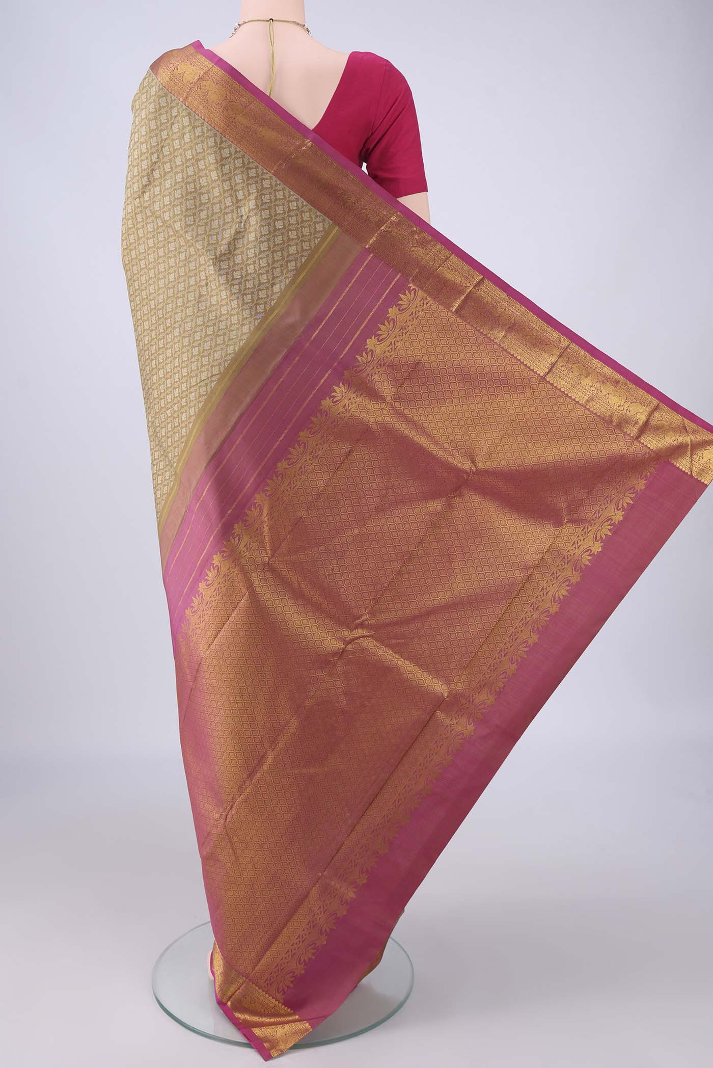 Flat view of Brown Kanjivaram Silk Saree with Jacquard With Zari Butta on the body and Zari Border. 