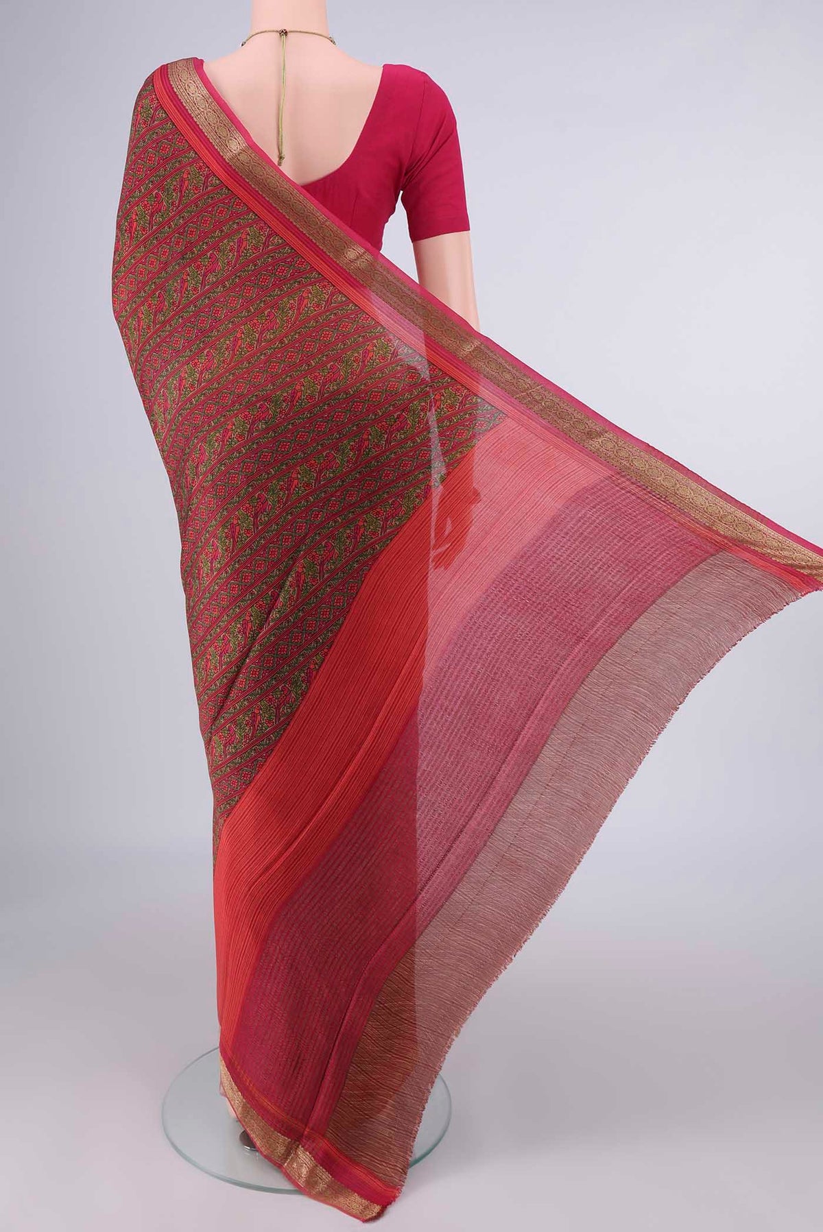 Flat view of Multi Color Mysore Crepe Saree with Printed design on the body and Zari Border. 