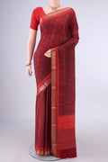Maroon Mysore Crepe Saree with Printed design on the body and Zari Border.  displayed on a mannequin