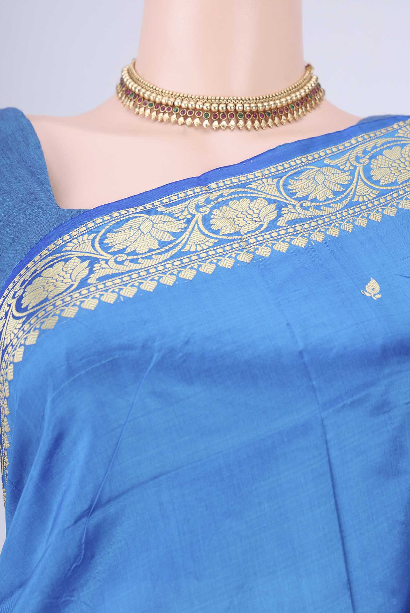 Border image of Blue Banarasi Katan Silk Saree with Thread Butta on the body and Thread Border. 