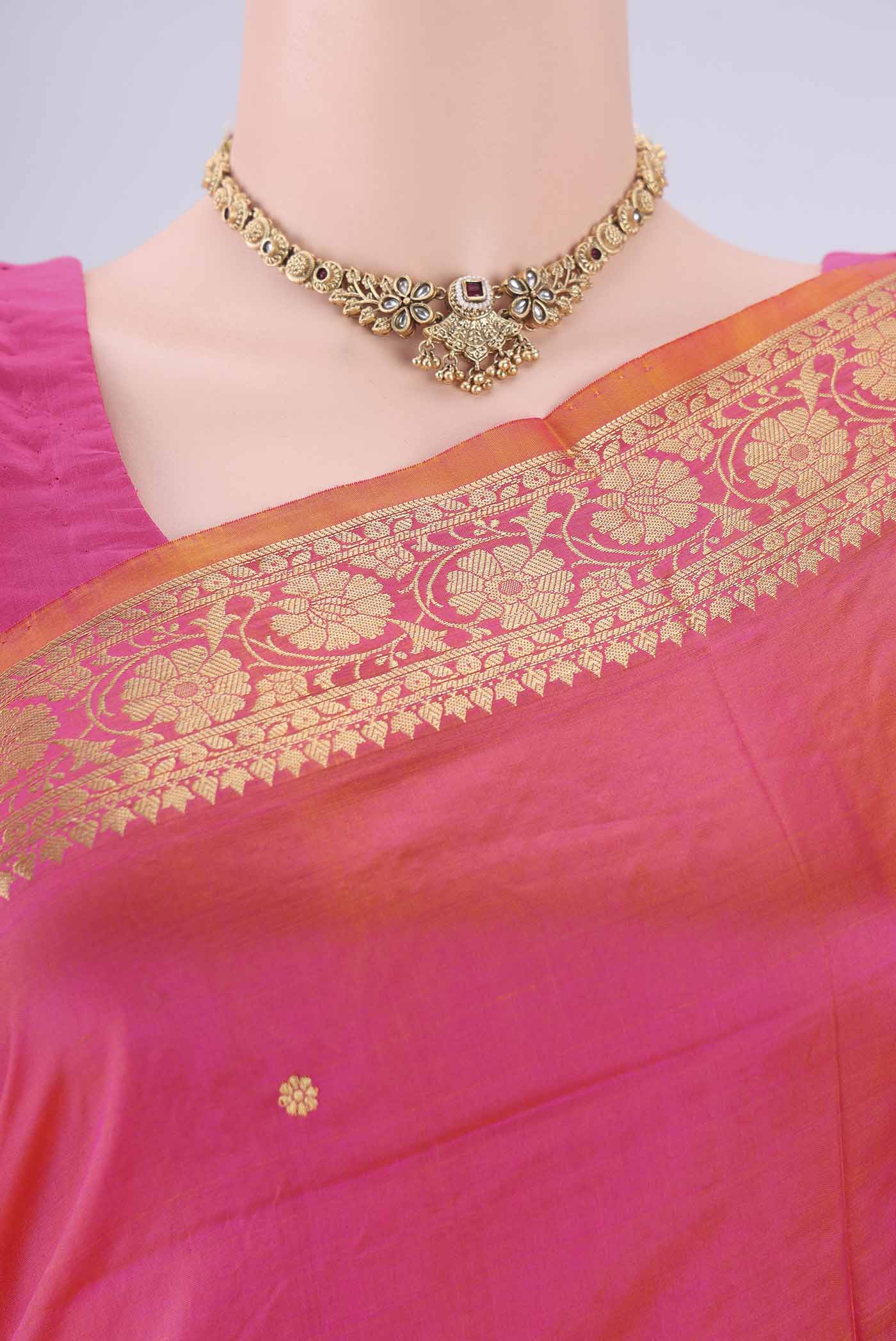 Border image of Peach Banarasi Katan Silk Saree with Zari Butta on the body and Zari Border. 
