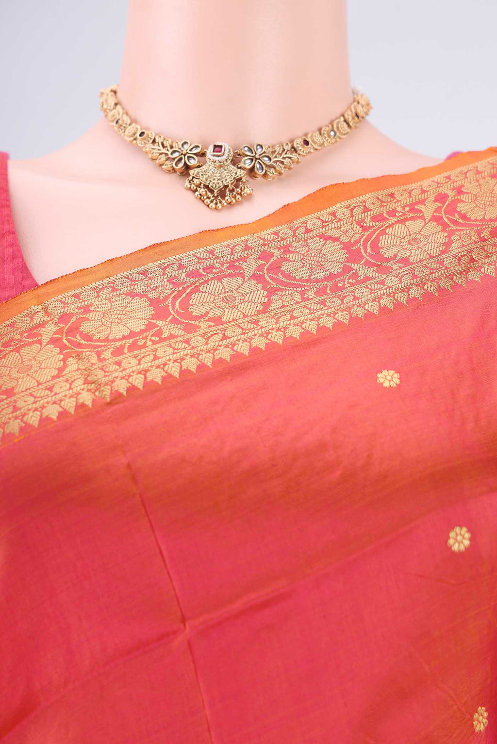 Border image of Brick Orange Banarasi Katan Silk Saree with Thread Butta on the body and Thread Border. 