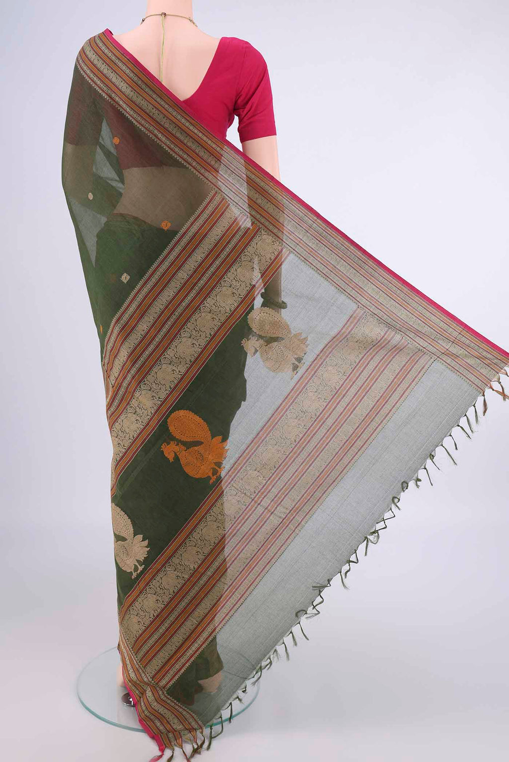 Flat view of Mehandi Green Kanchi Cotton Saree with Thread Butta on the body and Thread Border. 