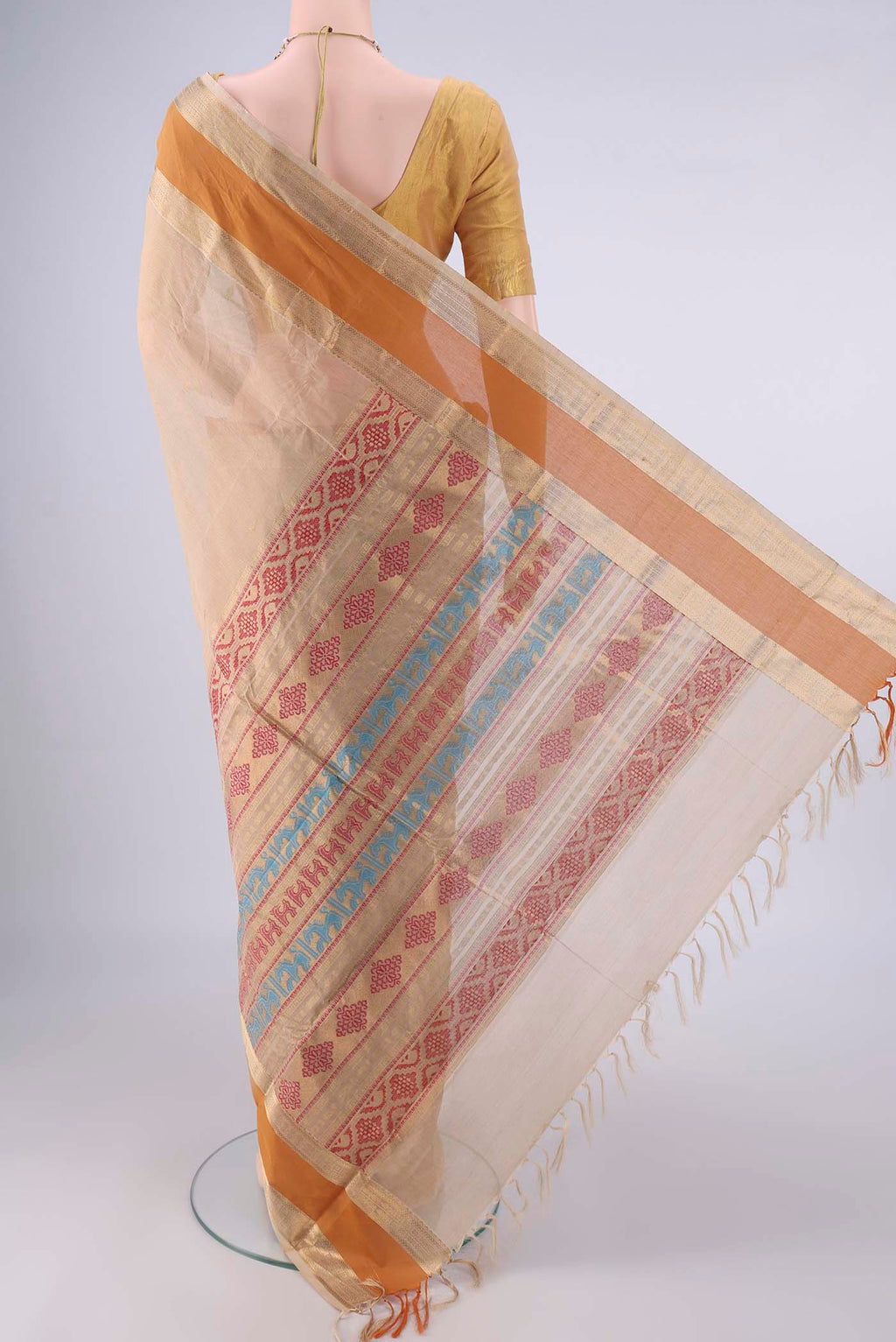 Flat view of Sandal Kanchi Cotton Saree with Plain Body and Zari Border. 