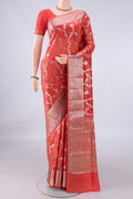 Pure Silk Orange Banarasi Raw Saree with Zari Brocade on the body and Zari Border.  displayed on a mannequin