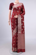 Pure Silk Brown Banarasi Raw Saree with Zari And Thread Butta on the body and Zari Border.  displayed on a mannequin