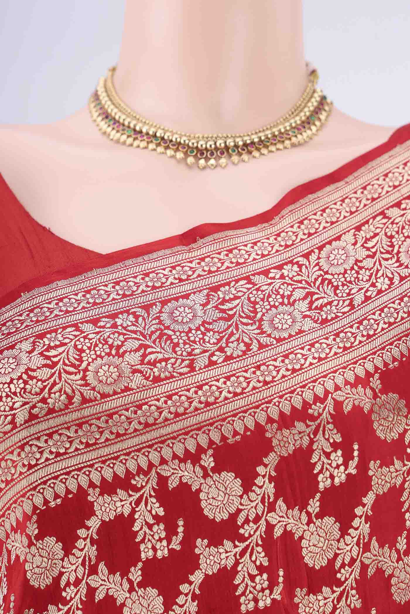 Border image of Red Banarasi Silk Saree with Zari Brocade on the body and Zari Border. 