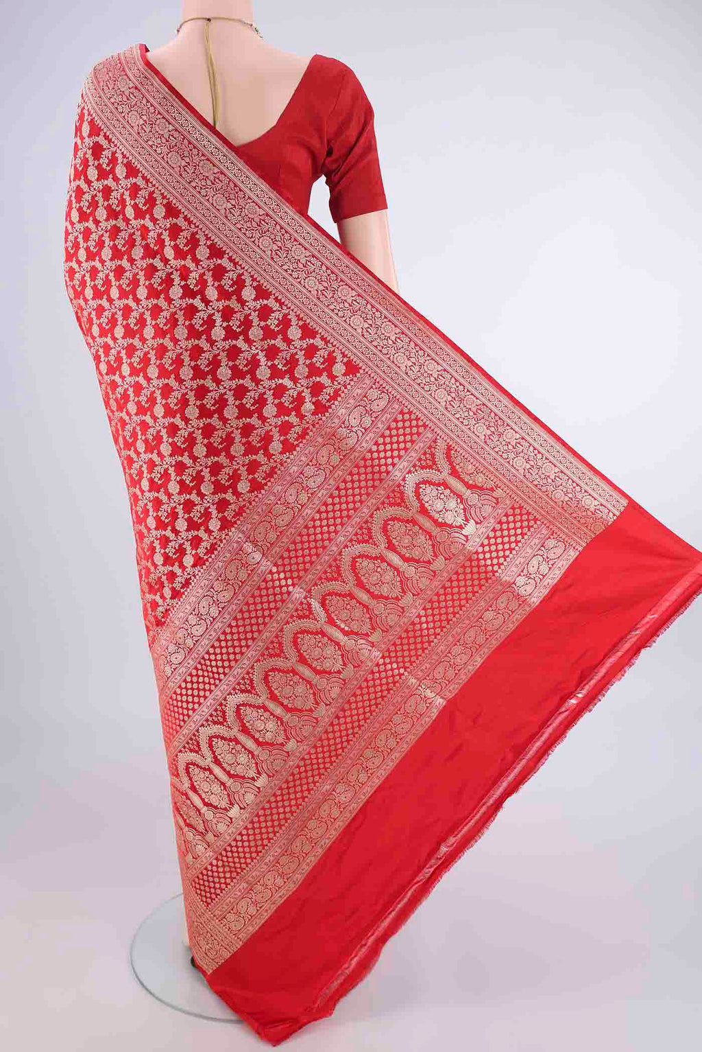 Flat view of Red Banarasi Silk Saree with Zari Brocade on the body and Zari Border. 