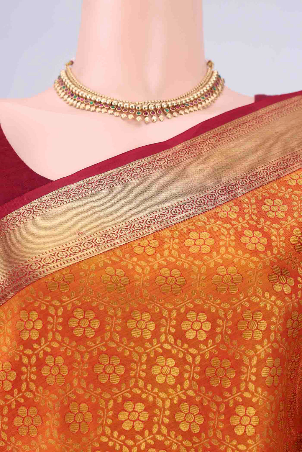 Border image of Brick Orange Kanjivaram Silk Saree with Zari Brocade on the body and Zari Border. 