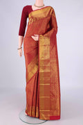 Red Kanjivaram Silk Saree with Zari Brocade on the body and Zari Border.  displayed on a mannequin