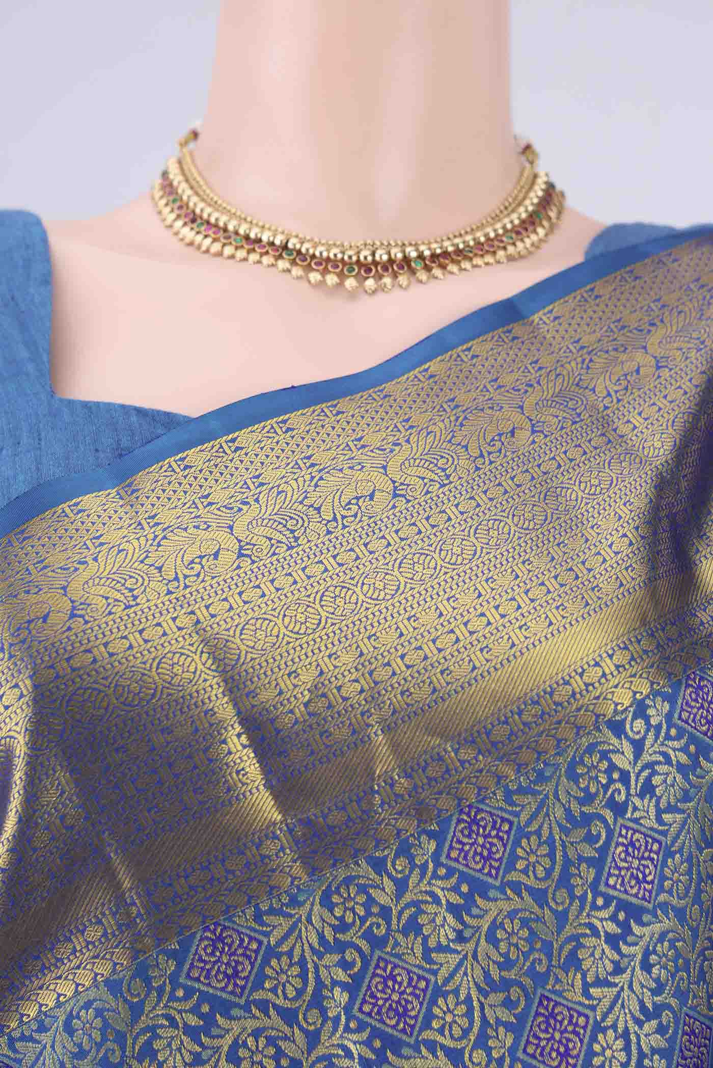 Border image of Blue Kanjivaram Silk Saree with Zari Brocade on the body and Zari Border. 