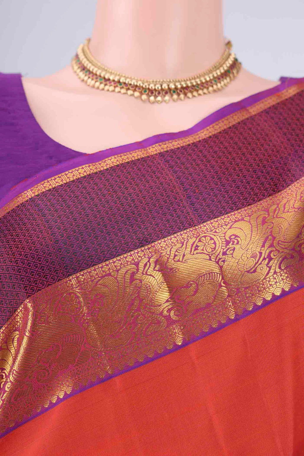 Border image of Rust Dual Tone Kanjivaram Silk Saree with Zari Butta on the body and Zari Border. 