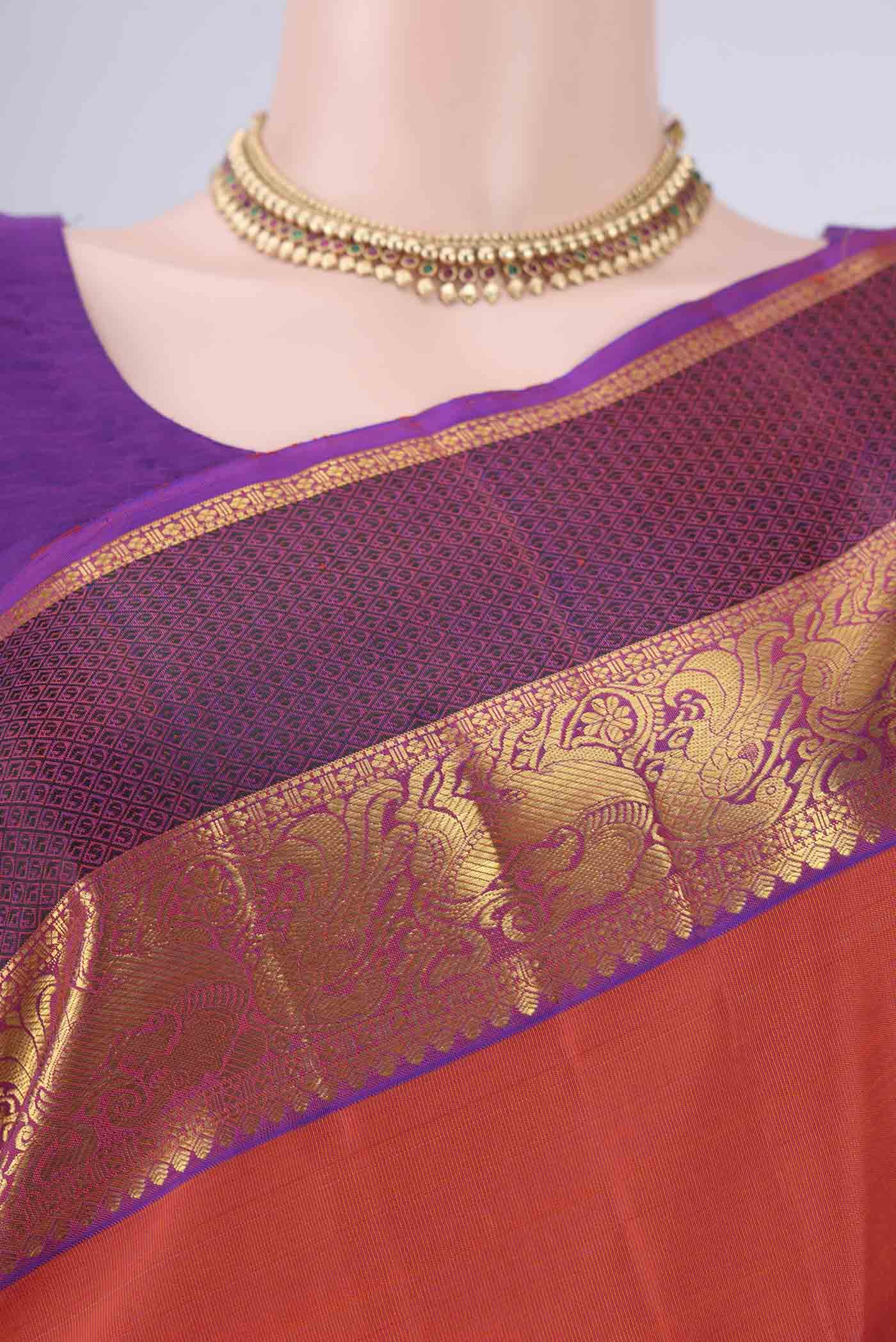 Border image of Rust Dual Tone Kanjivaram Silk Saree with Zari Butta on the body and Zari Border. 