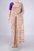 Beige Dual Tone Kanjivaram Silk Saree with Veldhari on the body and Zari And Thread Border.  displayed on a mannequin