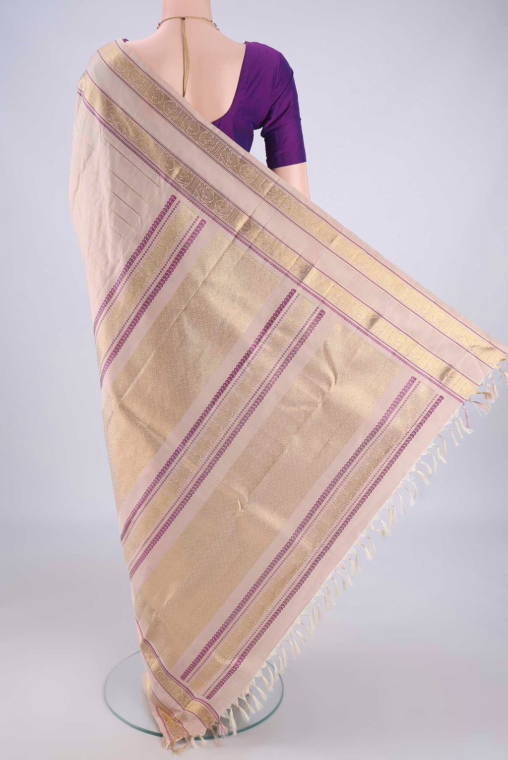 Flat view of Beige Dual Tone Kanjivaram Silk Saree with Veldhari on the body and Zari And Thread Border. 