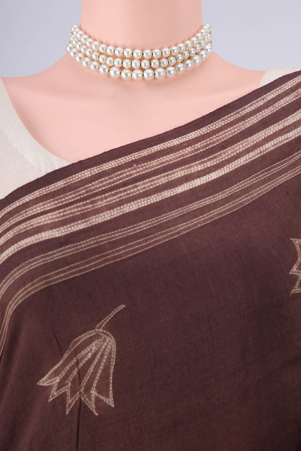 Border image of Brown Tussar Saree with Printed design on the body and Printed Border. 