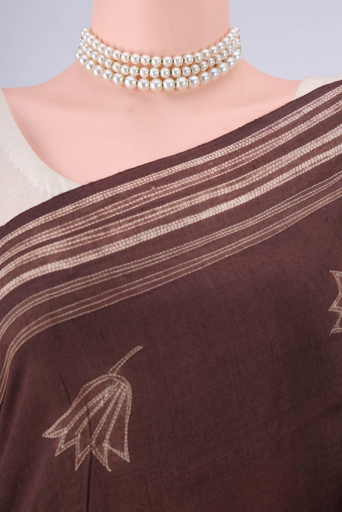 Border image of Brown Tussar Saree with Printed design on the body and Printed Border. 