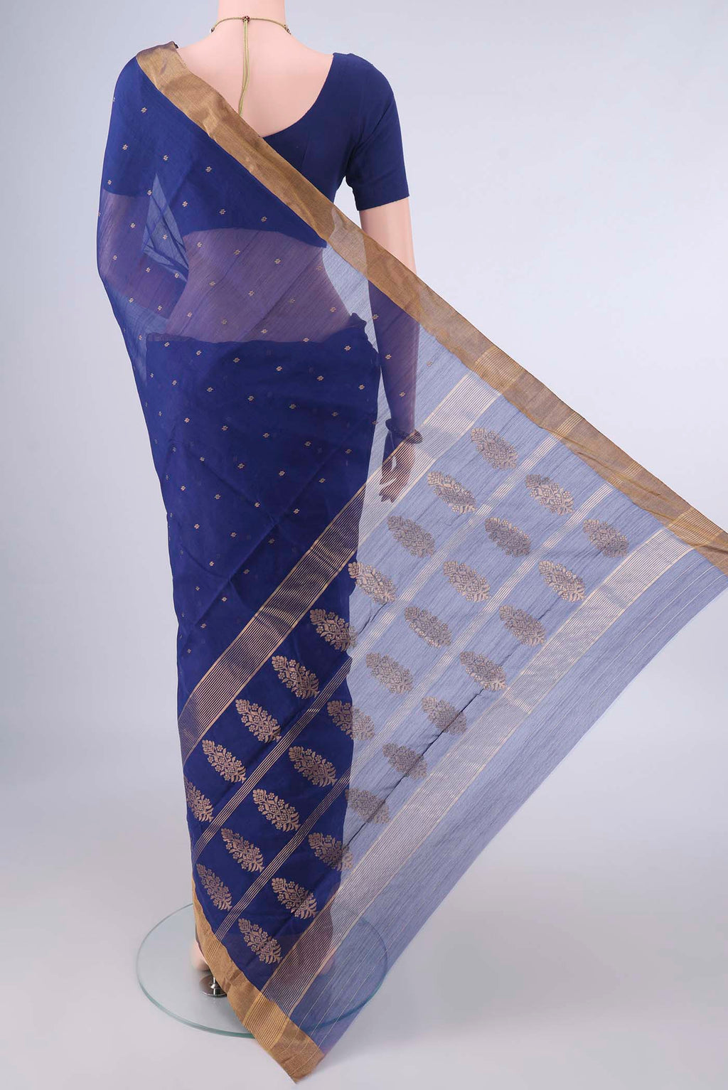 Flat view of Blue Chanderi Cotton Saree with Zari Butta on the body and Zari Border. 