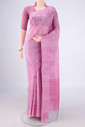 Grey Printed Silk Saree with Printed design on the body and Printed Border.  displayed on a mannequin