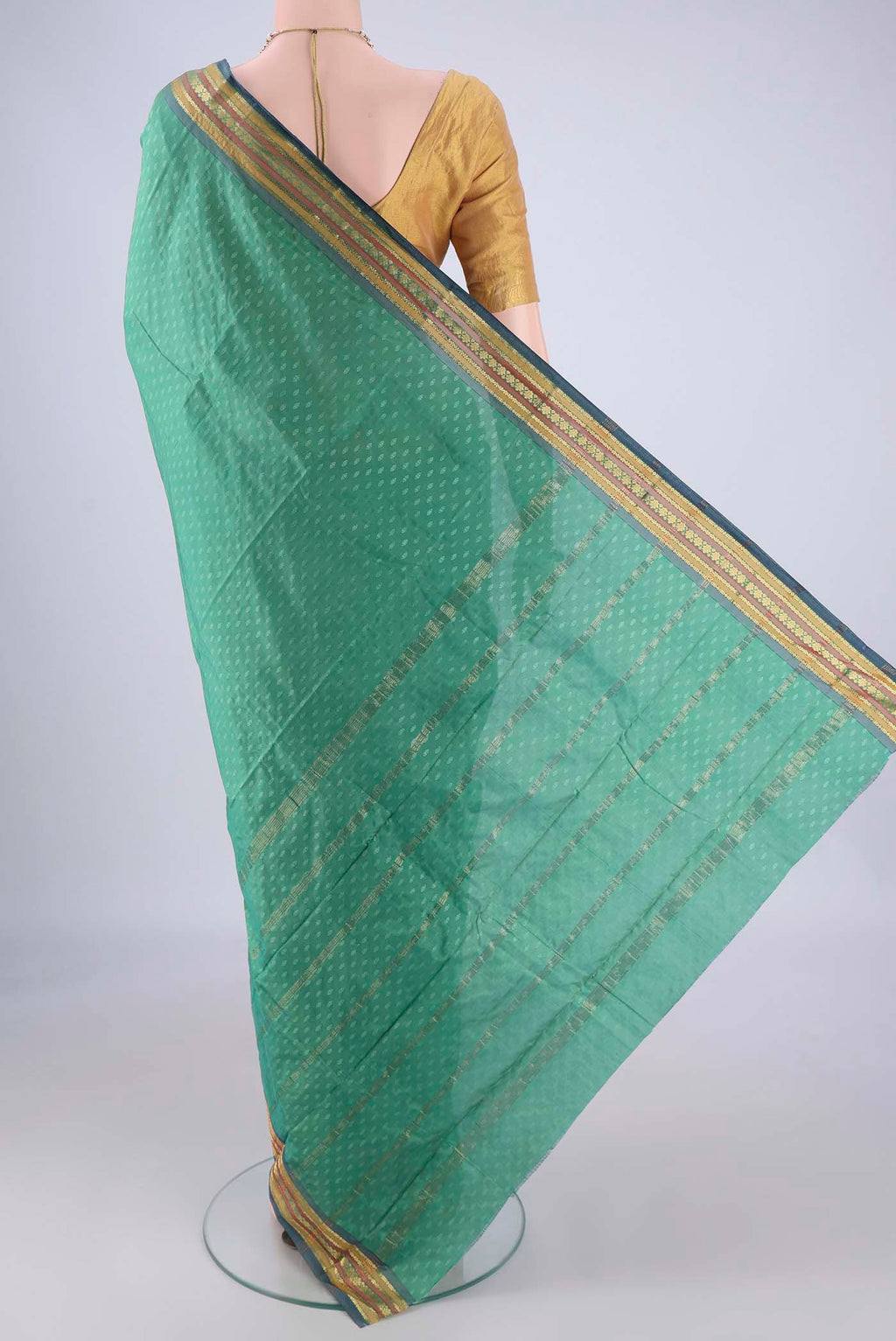 Flat view of Light Green Blended Bangalore Silk Saree with Jacquard design on the body and Plain Border. 