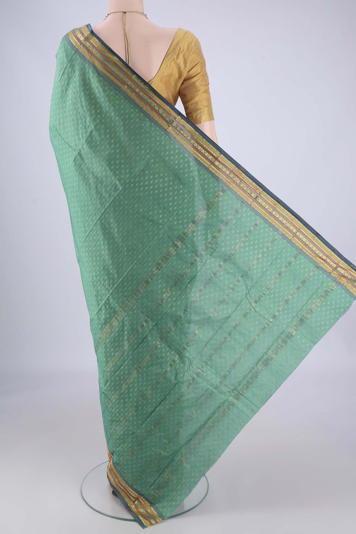 Flat view of Light Green Blended Bangalore Silk Saree with Jacquard design on the body and Plain Border. 