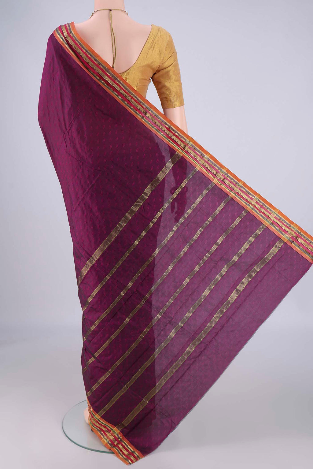 Flat view of Burgundy Blended Bangalore Silk Saree with Jacquard design on the body and Plain Border. 