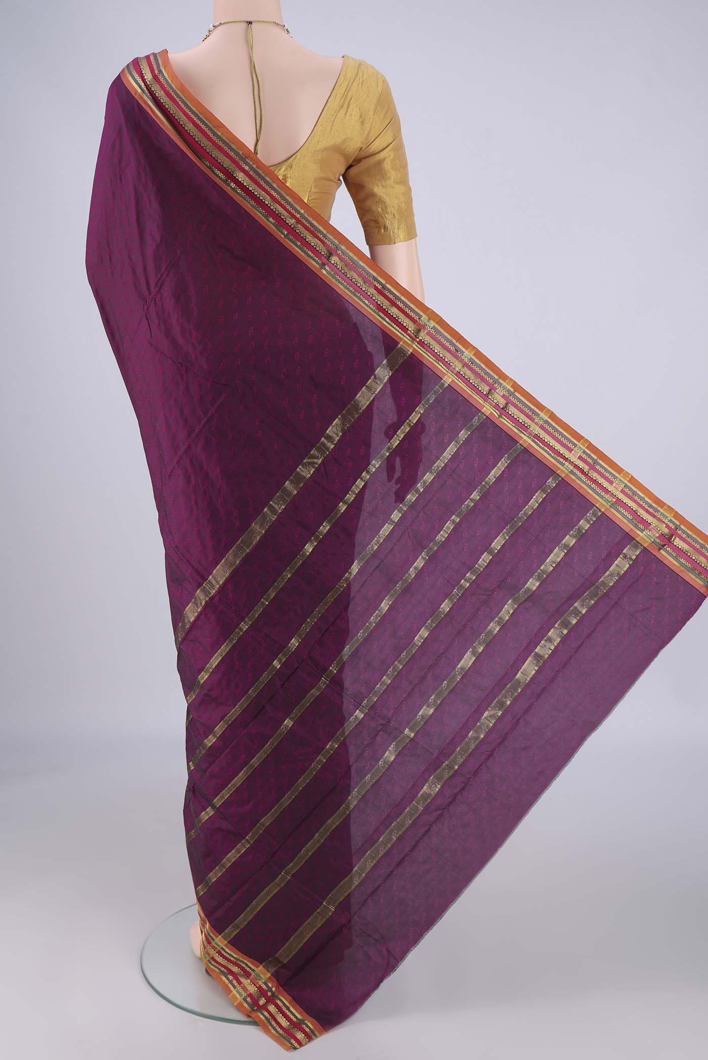Flat view of Burgundy Blended Bangalore Silk Saree with Jacquard design on the body and Plain Border. 
