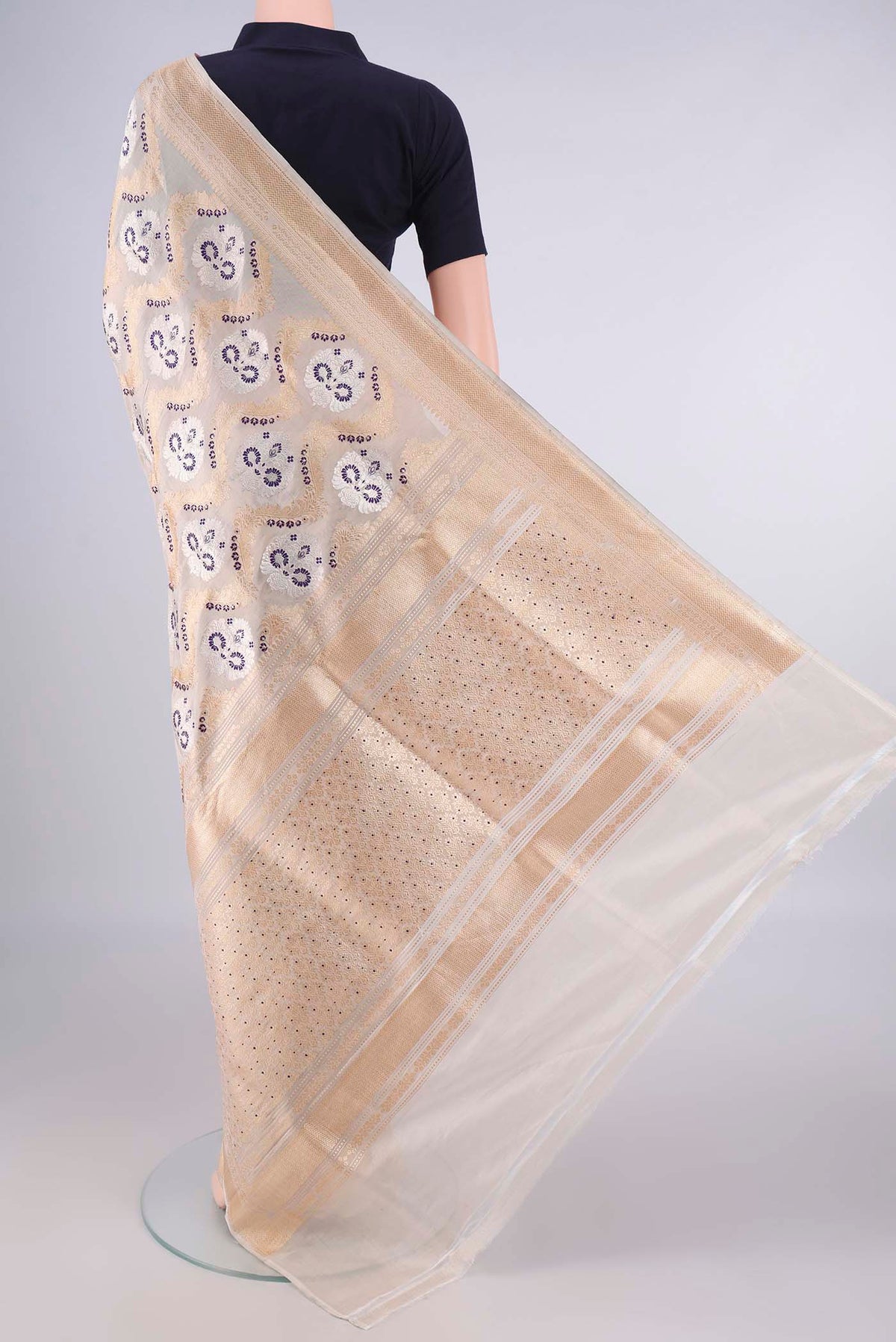 Flat view of Pure Silk Sandal Banarasi Saree with Zari Brocade on the body and Zari Border. 