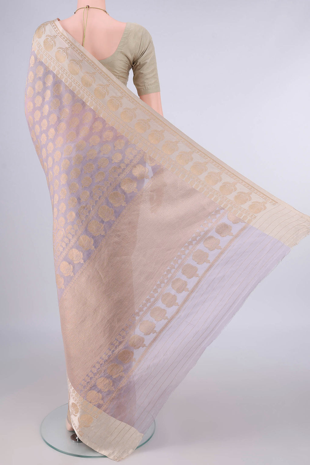 Flat view of Pure Silk Mauve Banarasi Saree with Zari Butta on the body and Zari Border. 