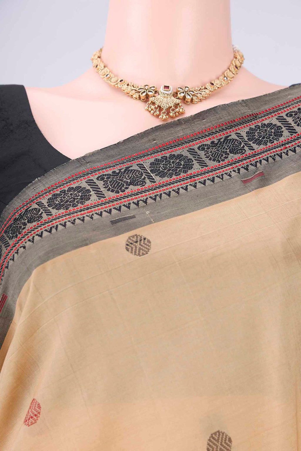Border image of Dark Beige Blended Poly Cotton Saree with Thread Butta on the body and Thread Border. 