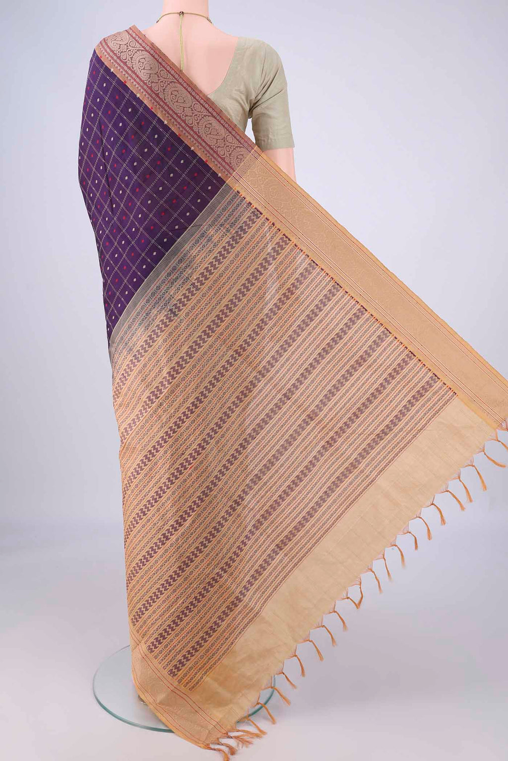 Flat view of Purple Blended Poly Cotton Saree with Checked design on the body and Thread Border. 