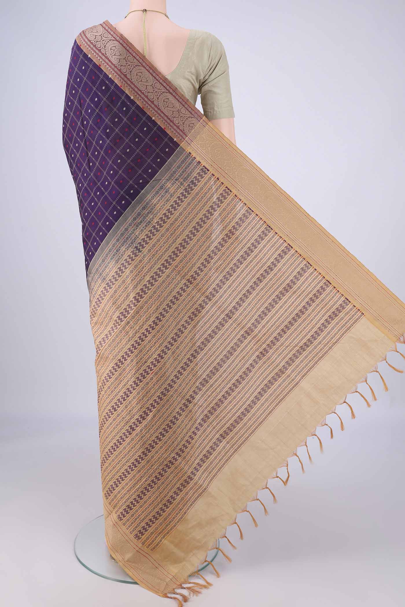 Flat view of Purple Blended Poly Cotton Saree with Checked design on the body and Thread Border. 