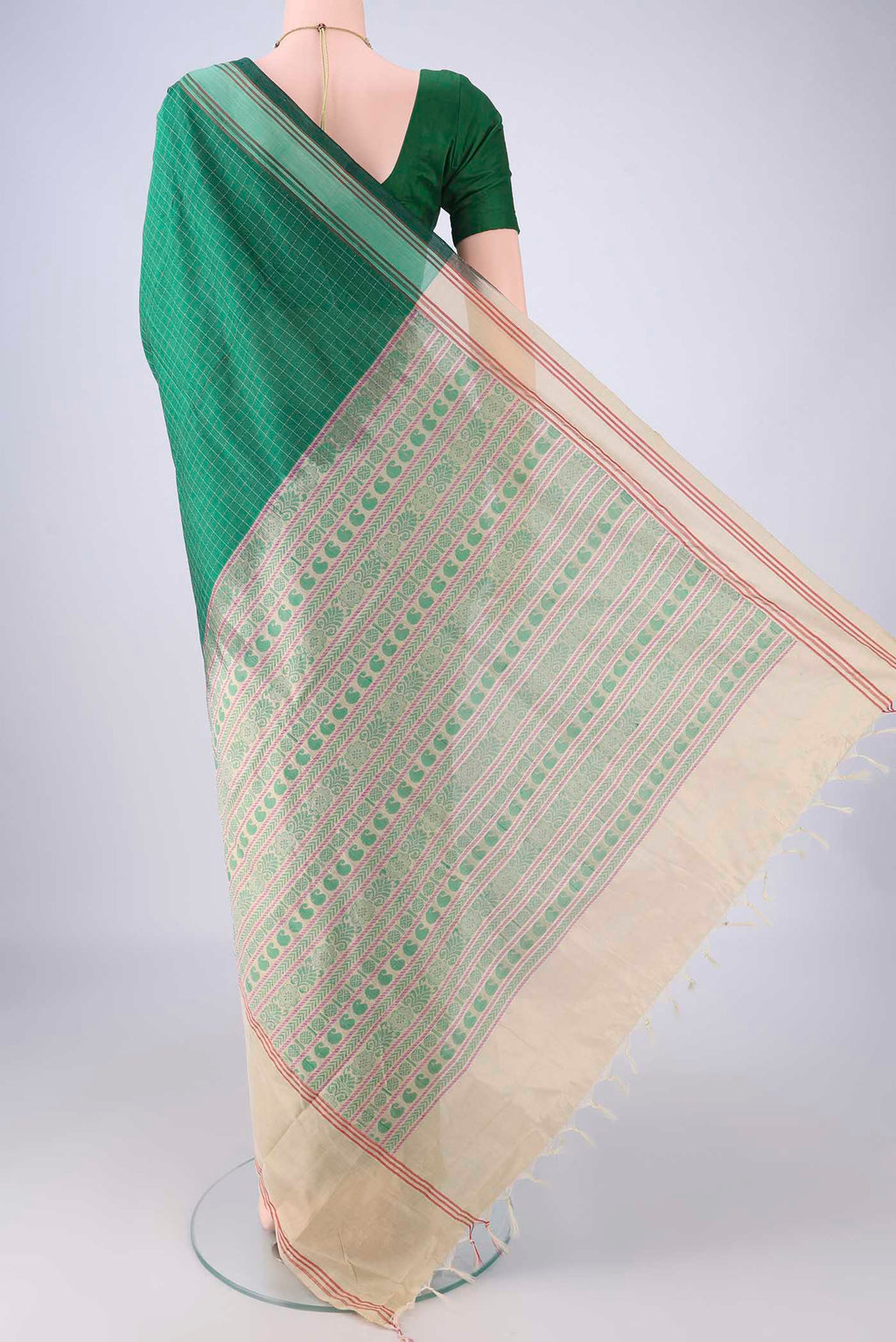 Flat view of Green Blended Poly Cotton Saree with Checked design on the body and Plain Border. 