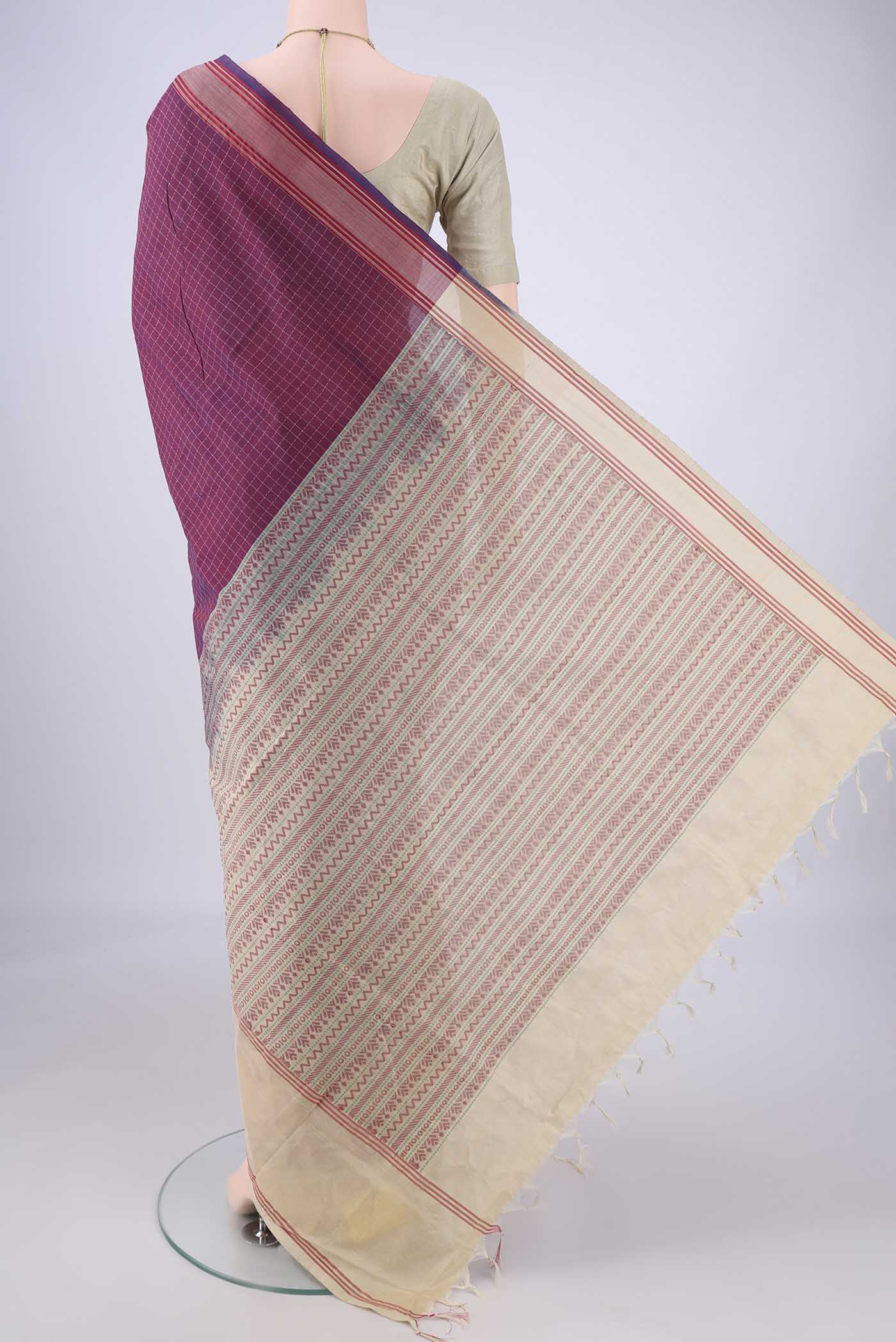 Flat view of Maroon Blended Poly Cotton Saree with Checked design on the body and Plain Border. 