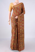Multi Color Mysore Crepe Saree with Printed design on the body and Zari Border.  displayed on a mannequin