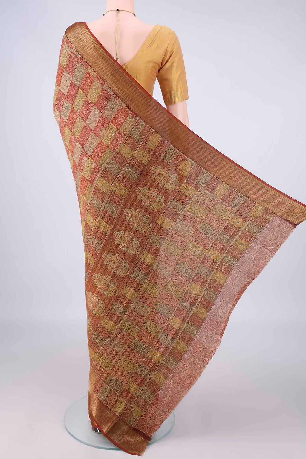 Flat view of Multi Color Mysore Crepe Saree with Printed design on the body and Zari Border. 
