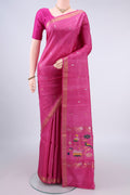 Rani Pink Tussar Saree with Zari Butta on the body and Zari Border.  displayed on a mannequin
