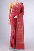 Rust MP Tussar Saree with Zari Butta on the body and Temple Border.  displayed on a mannequin