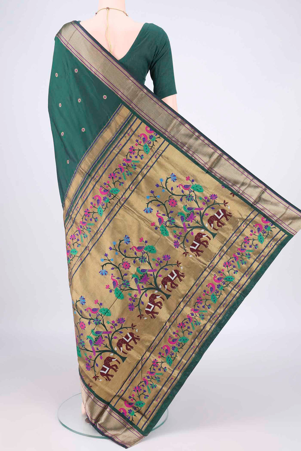 Flat view of Bottle Green Blended Paithani Silk Saree with Zari And Thread Butta on the body and Zari Border. 