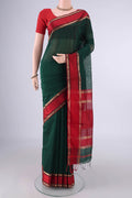 Bottle Green Maheshwari Cotton Saree with Plain Body and Zari And Thread Border.  displayed on a mannequin