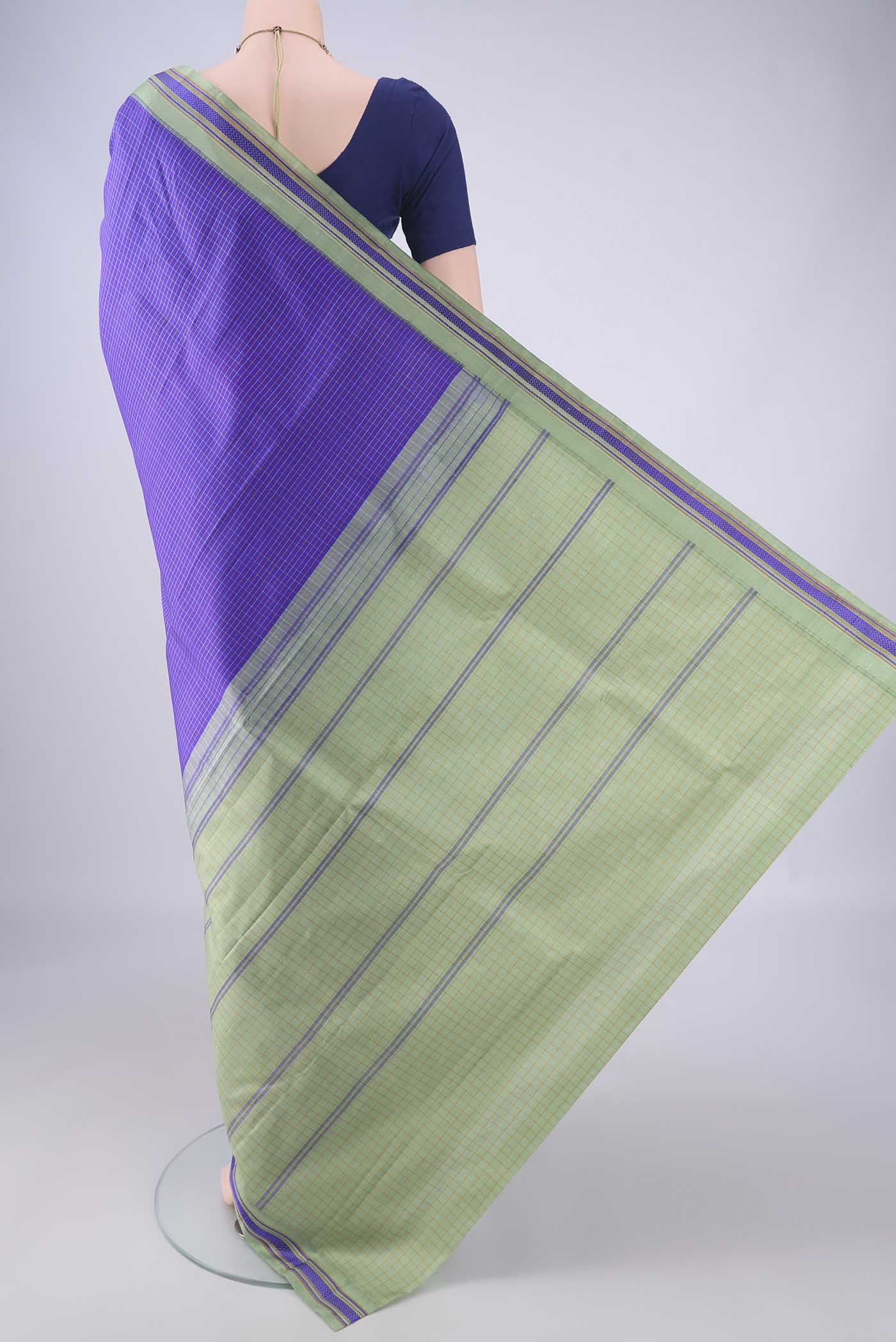Flat view of Violet Kanjivaram Silk Saree with Checked design on the body and Thread Border. 