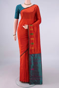 Pure Silk Orange Kanchipuram Saree with Plain Body and Thread Border.  displayed on a mannequin