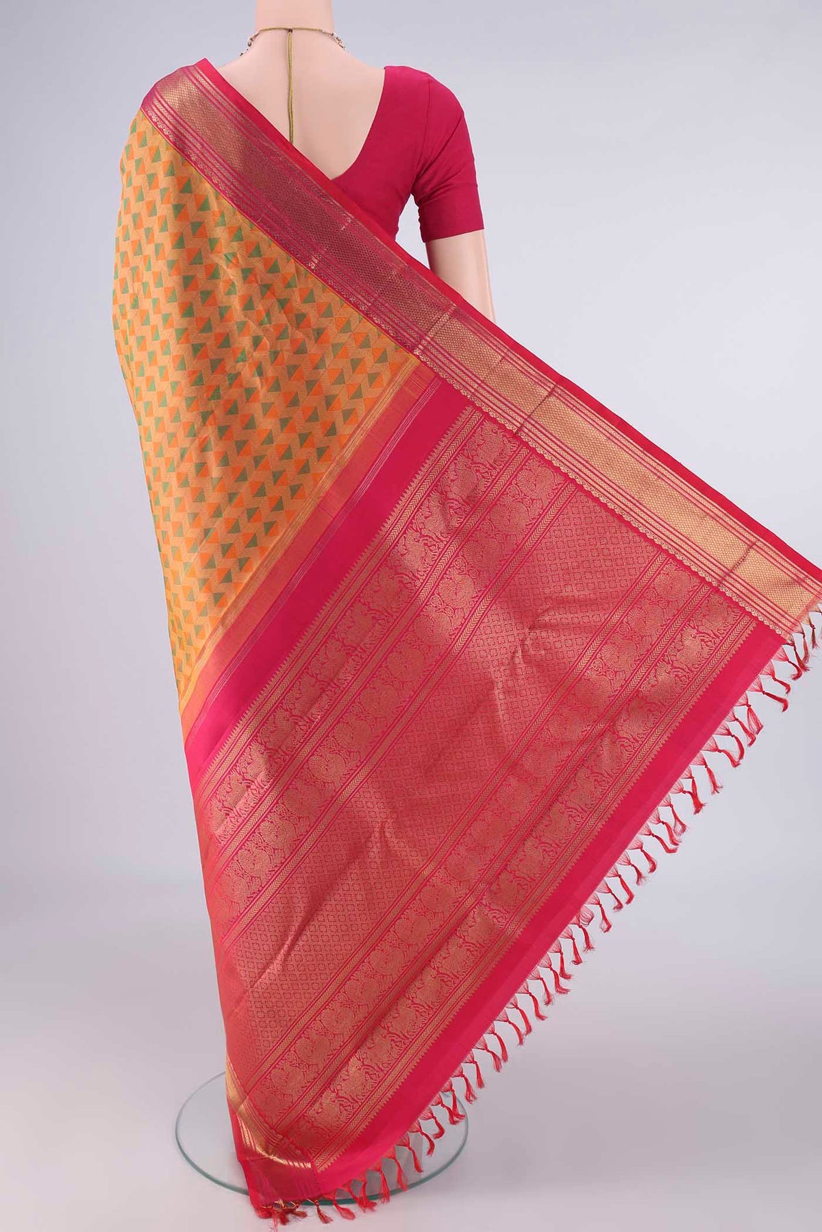 Flat view of Pure Silk Multi Color Kanjivaram Saree with Jacquard design on the body and Zari Border. 