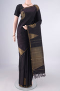 Pure Silk Pure Zari Black Kanchipuram Saree with Plain Body and Thin Zari Line.  displayed on a mannequin