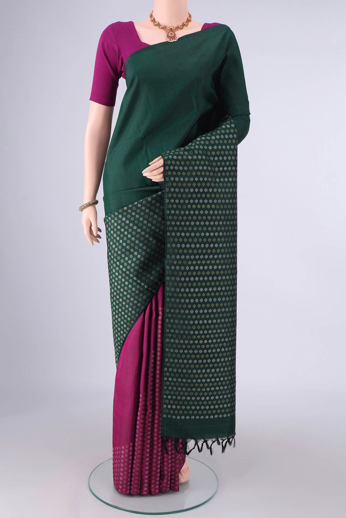 Pure Silk Pure Zari Multi Color Kanchipuram Saree with Half And Half on the body and Without Border.  displayed on a mannequin