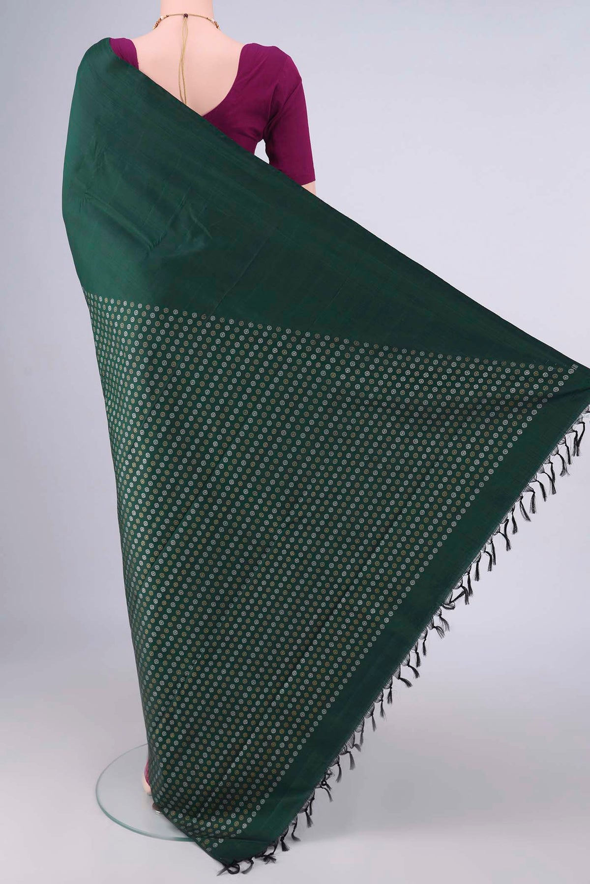 Flat view of Pure Silk Pure Zari Multi Color Kanchipuram Saree with Half And Half on the body and Without Border. 