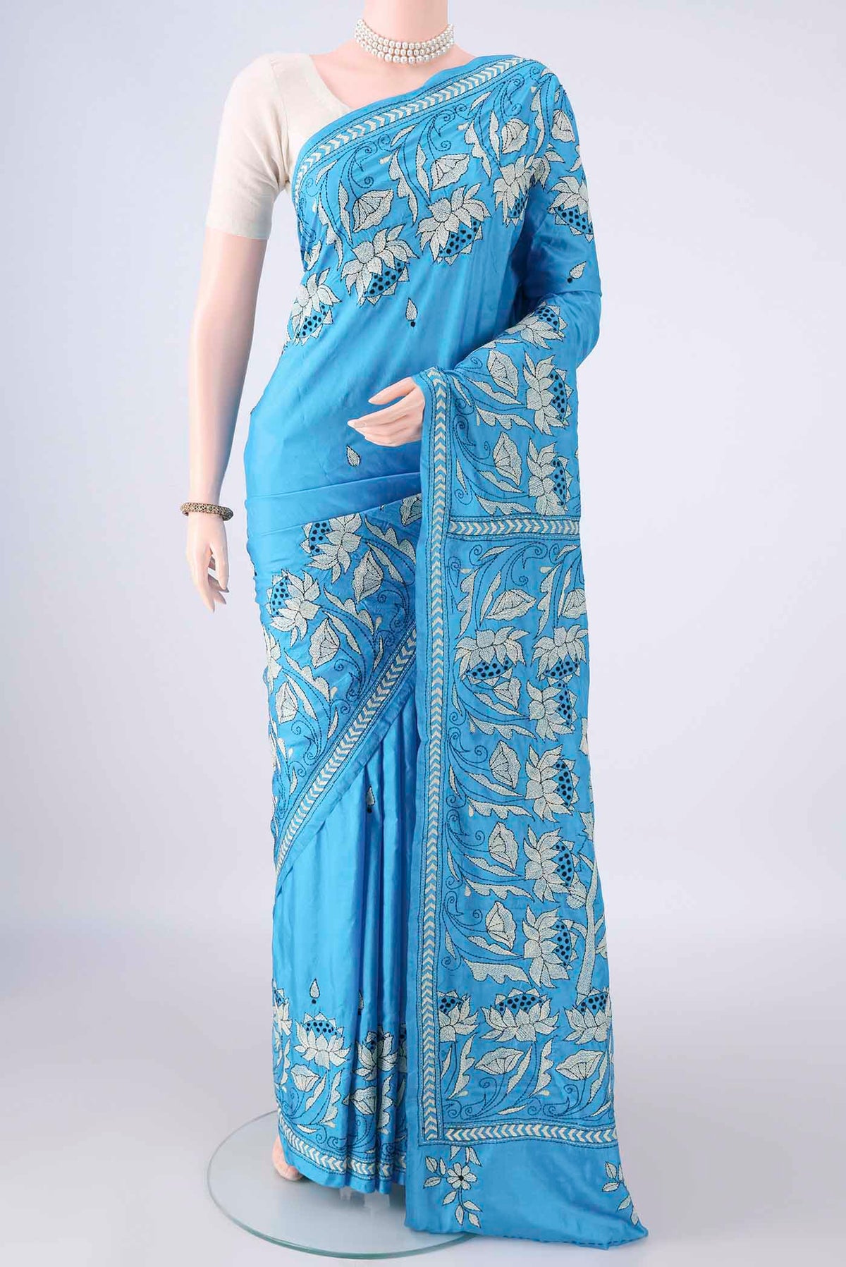 Pure Silk Electric Blue Kantha Saree with Kantha Work on the body and Thread Border.  displayed on a mannequin