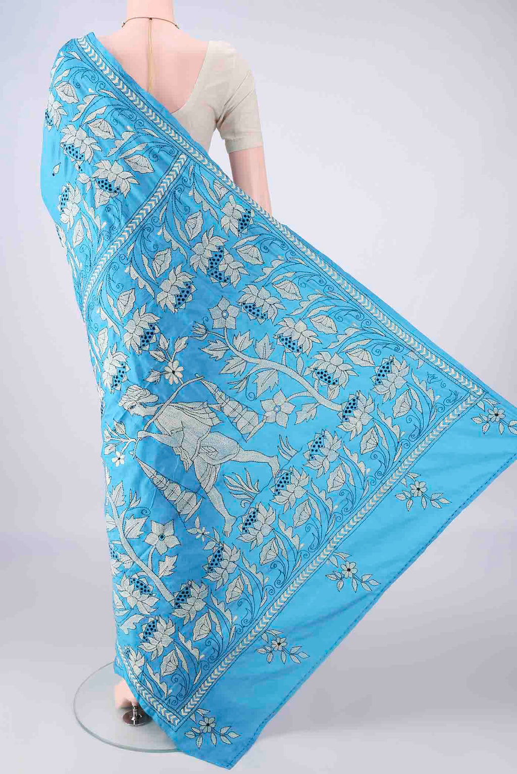 Flat view of Pure Silk Electric Blue Kantha Saree with Kantha Work on the body and Thread Border. 