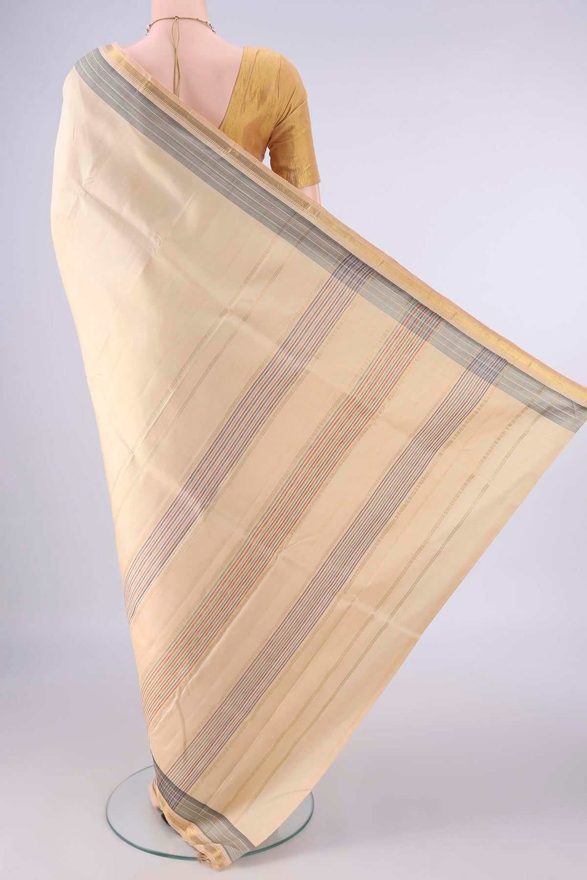 Flat view of Pure Silk Sandal Kanjivaram Saree with Plain Body and Zari Border. 