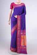Pure Silk Blue Paithani Saree with Zari Butta on the body and Zari Border.  displayed on a mannequin